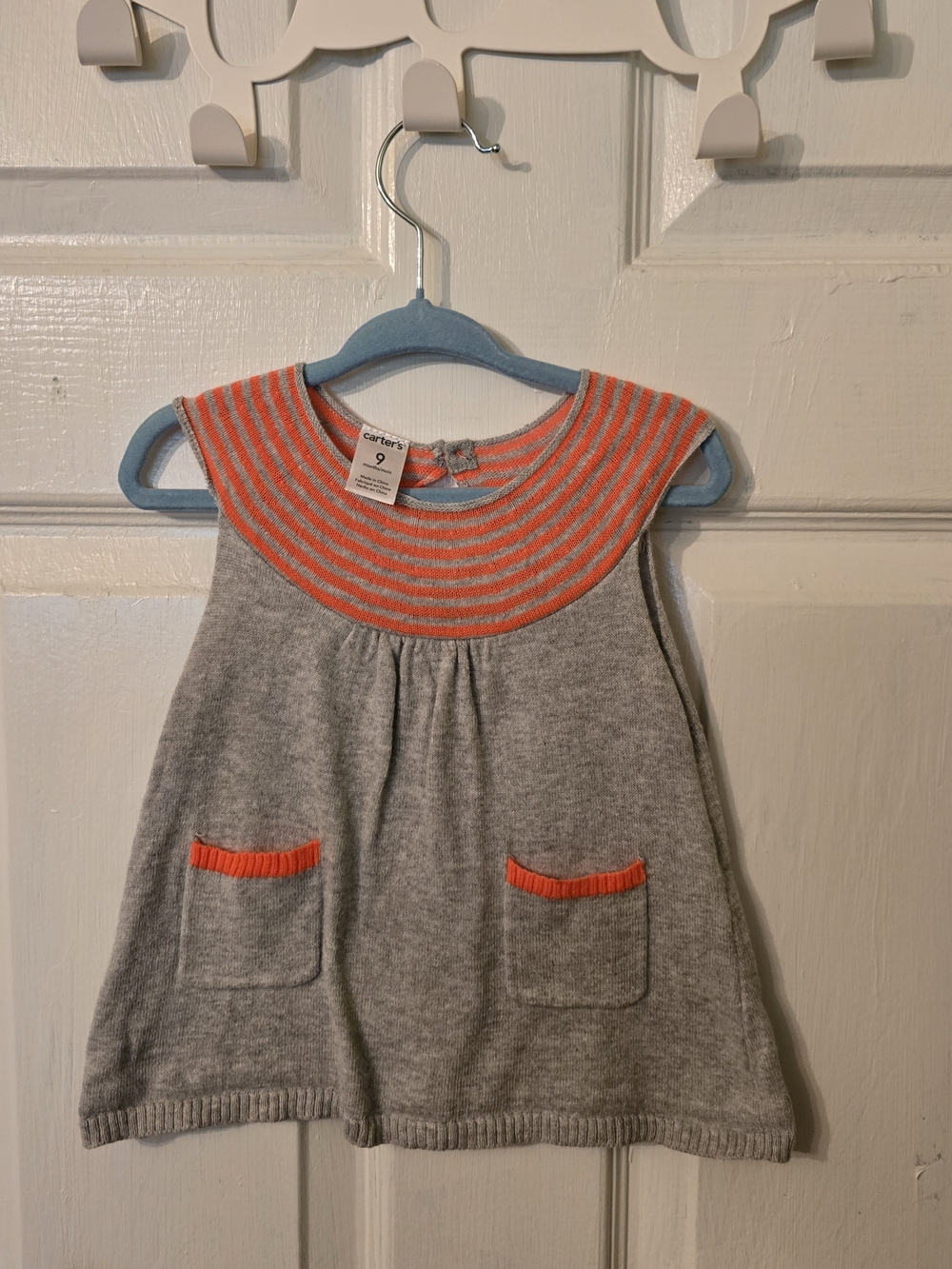 Carter's Gray Dress with Coral Striped Yoke